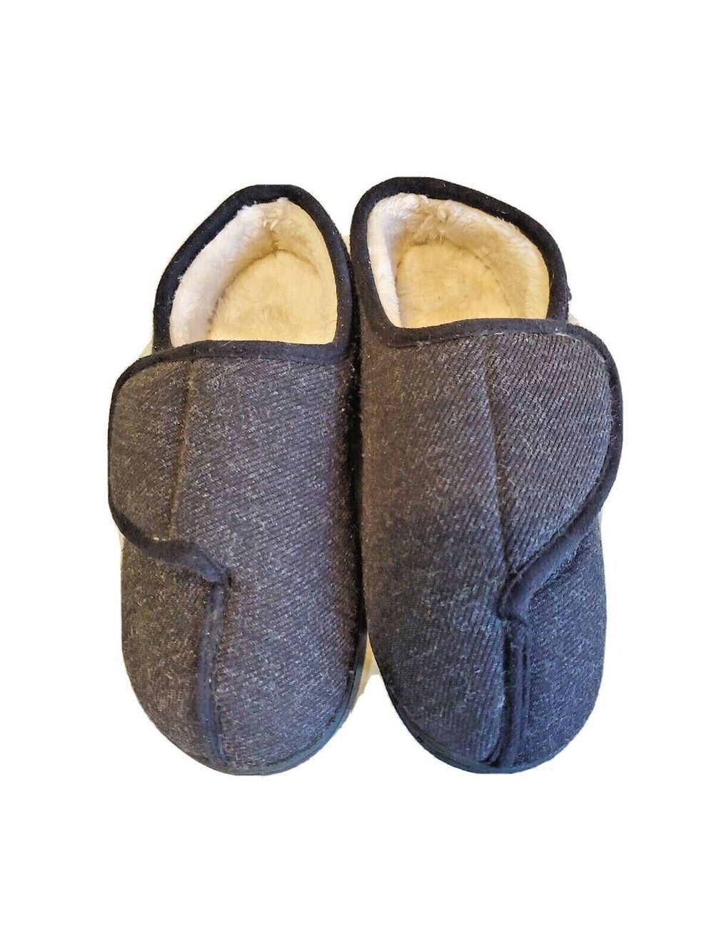 Womens Hard Sole Slippers Sz 7 Faux Fur Lining Dark Grey Hook Loop Long Bay